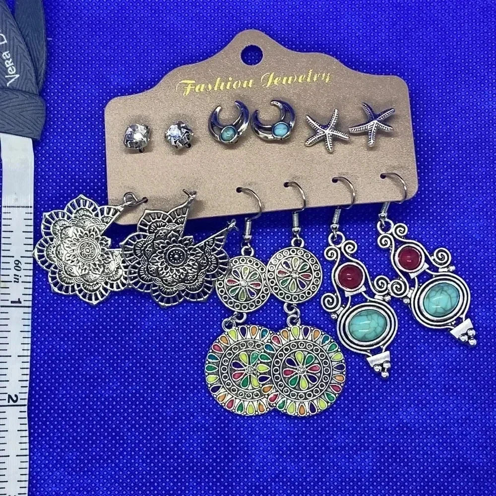 New boho earrings‎ crescent moon starfish geometric 6 pair multipack